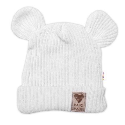 Pletená bavlněná čiapka s uškami, dvojvrstvová, Hand Made Baby Nellys, biela, veľ. 68/74