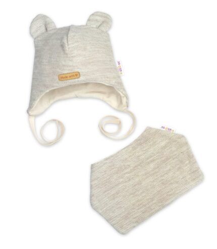 Pletená čiapka s bavlnenou podšívkou a šatkou 2v1, Teddy Hand made - svetlo béžová