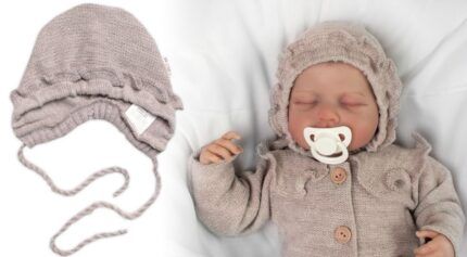 Pletená čiapočka na zaväzovanie bonetka Girl, Hand Made Baby Nellys, bežová, veľ. 68/74
