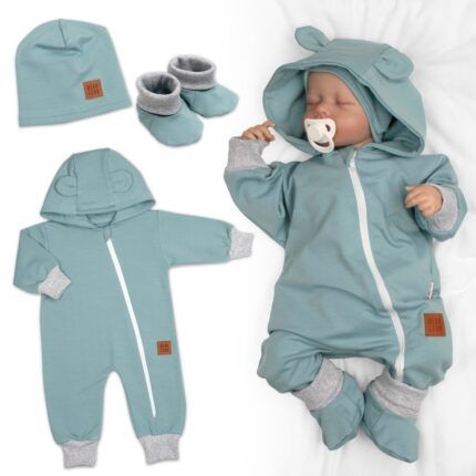 Rastúci teplákový overal pre bábätko, čiapka, botky, 3D, Nature, ledová mata, šedá, 80/86