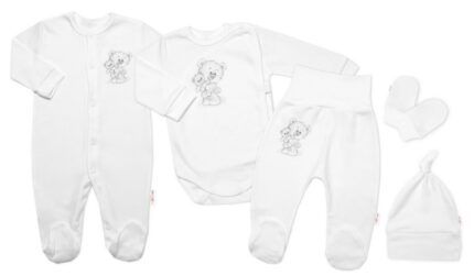 Súpravička do pôrodnice 5-dielna, Baby Nellys, Little Teddy, biela, veľ. 56