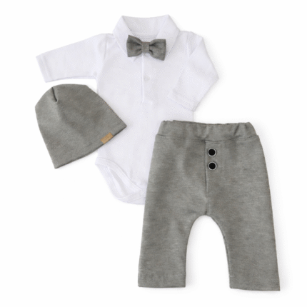 Z&Z 4-dielna sada Elegant Boy, body, nohavice, motýlik a čiapky, sivá/biela, veľ.62