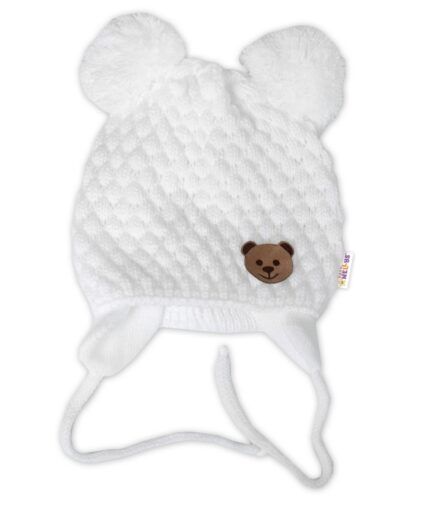 Zimná pletená čiapka Teddy Bear na zaväzovanie, biela, smotana, 68/80, (6-12m)