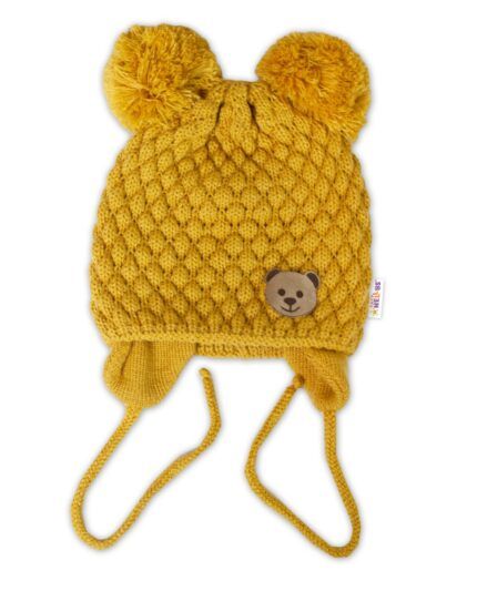 Zimná pletená čiapka Teddy Bear na zaväzovanie, horčicová, 68/80, (6-12m)