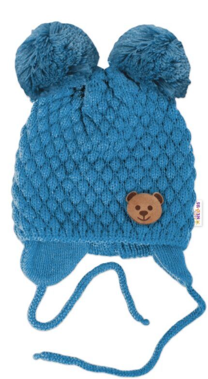 Zimná pletená čiapka Teddy Bear na zaväzovanie, modrá, 68/80, (6-12m)