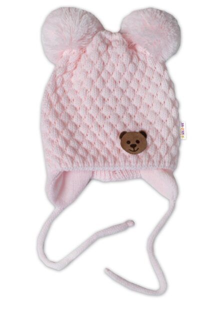 Zimná pletená čiapka Teddy Bear na zaväzovanie, ružová