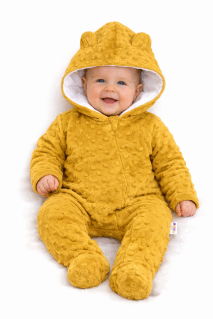 Baby Nellys Kombinézka /overal Minky s kapucňou a uškami - horčica, veľ. 80