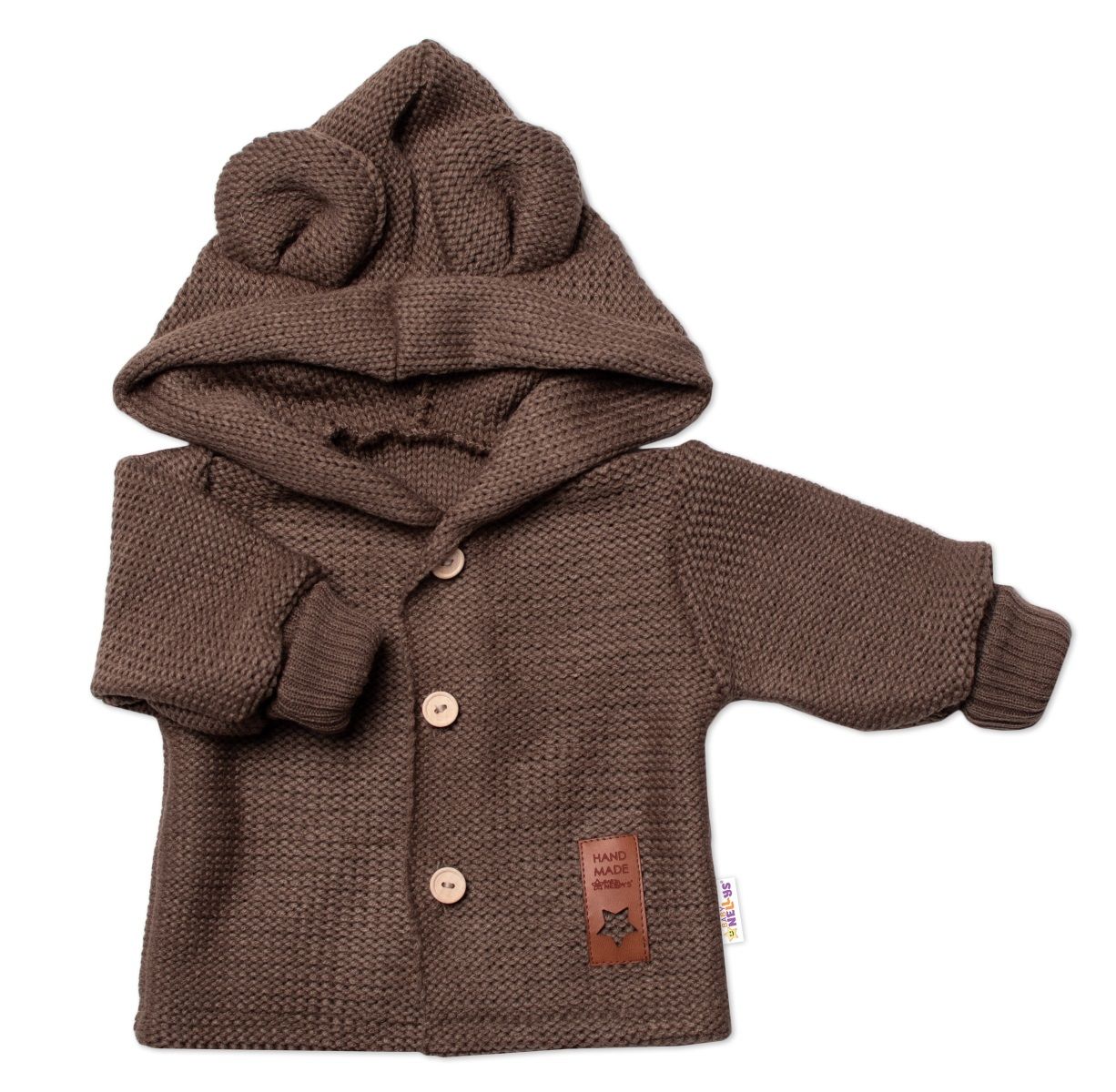 elegantny-pleteny-svetrik-s-gombikmi-a-kapucnou-s-uskami-baby-nellys-hnedy