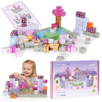 Magnetické stavebné kocky pre deti, kockové tvary, 140 dielikov, ružové